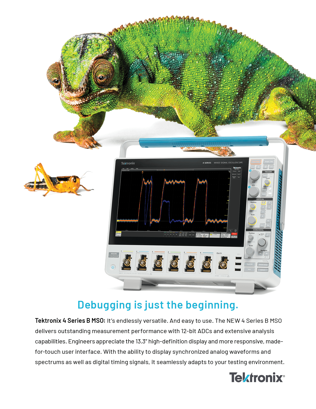 Alt text: A colorful chameleon beside a Tektronix 4 Series B Mixed Signal Oscilloscope, showcasing its 13.3” high-definition display and advanced measurement capabilities for engineers. The image emphasizes versatility and ease of use in debugging and analysis.